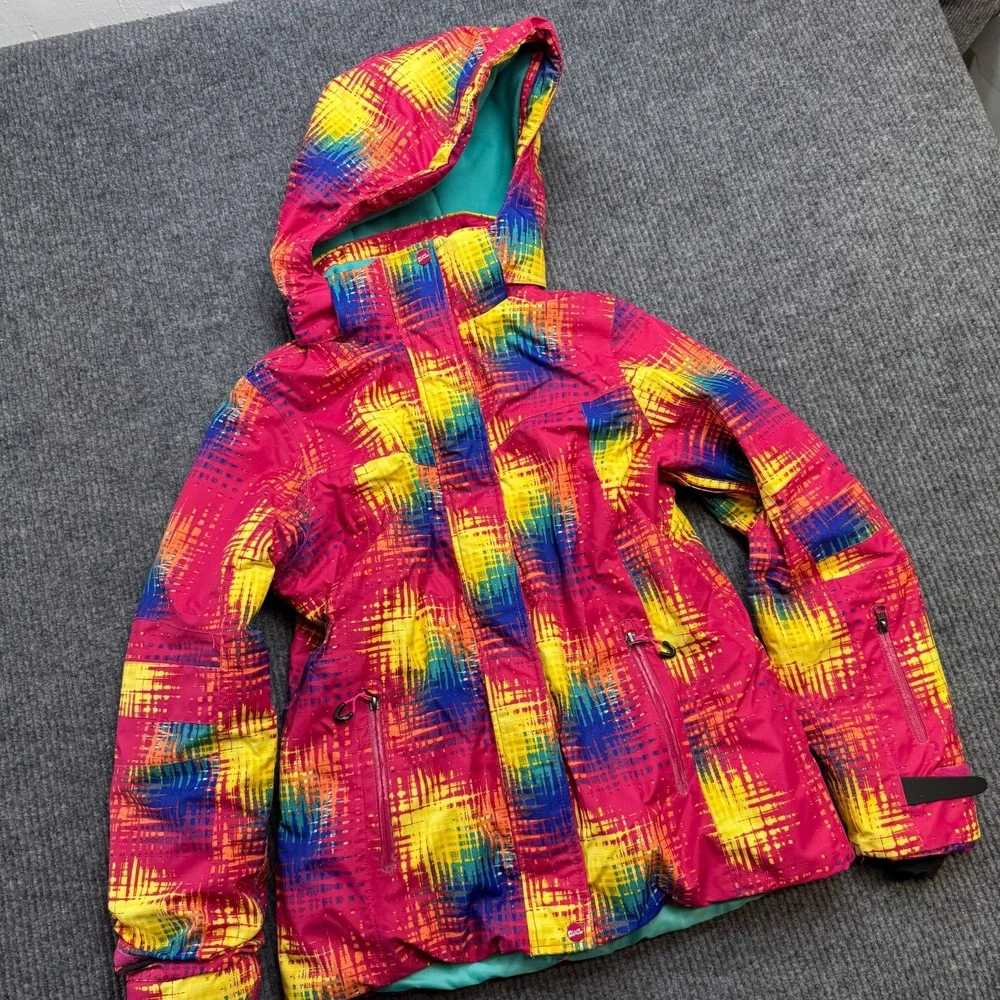 Phibee Ski Jacket Kids Girls Medium Pink Geometric Insulated Snow Parka Hooded